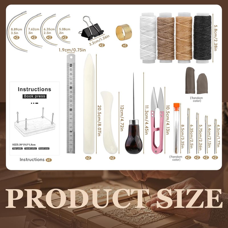 JUPEAN 34 Pcs Book Binding Kits, Book Press(11.81”x7.56”), Books Making Kit with Bone Folder Bookbinding Needles Waxed Threads Books Binding Awl, Bookbinding Tools for Beginners - Image 2